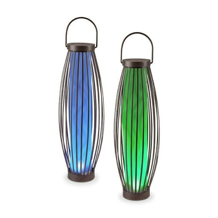 LED Metal Barrel Basket with Brown Rustic Finish. Green, Blue Color Measuring 7.9 in X 7.9 in X 21.25 in. Rechargeable AA Battery (1). Set of 2