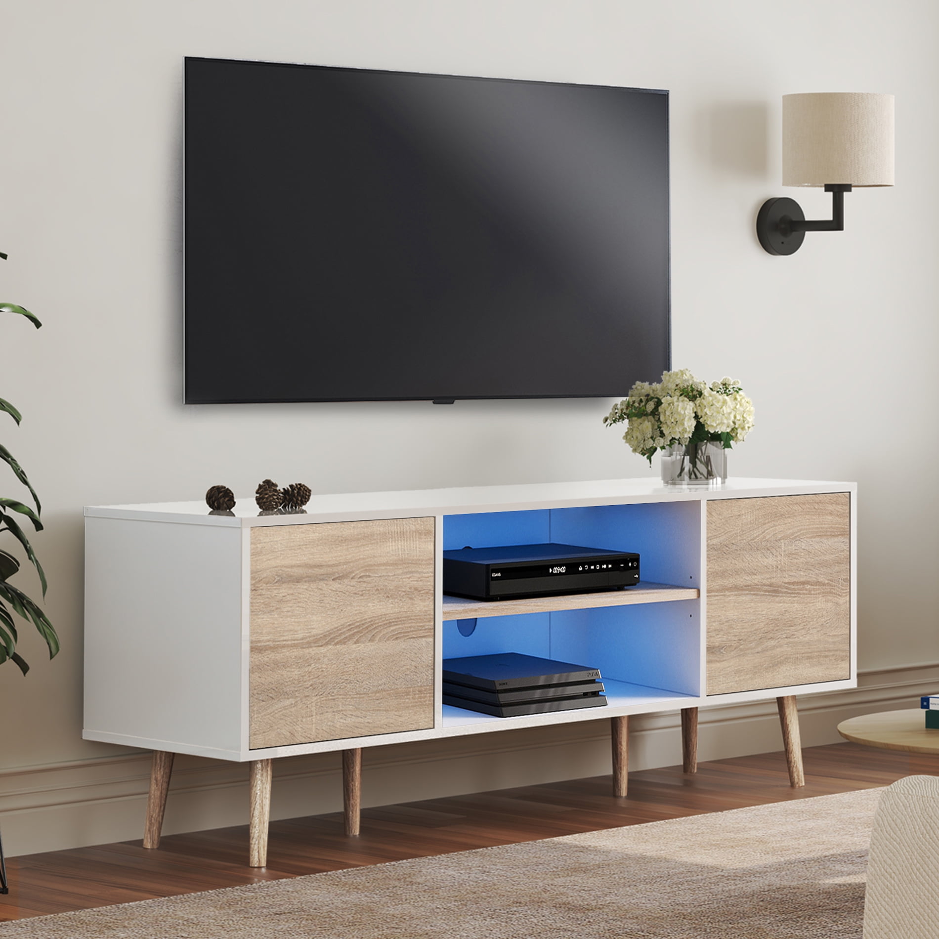 LED Mid Century Modern TV Stand for 60 inch Flact Screen Wood
