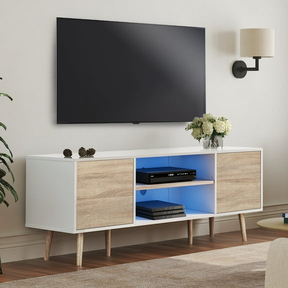 LED Mid Century Modern TV Stand for 60 inch Flact Screen, Wood TV Cabinet Media Console with Storage White/Beige