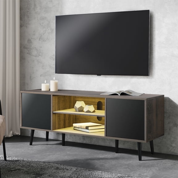 LED Mid Century Modern TV Stand for 65 inch Flact Screen, Wood TV Cabinet Media Console with Storage Black/Brown