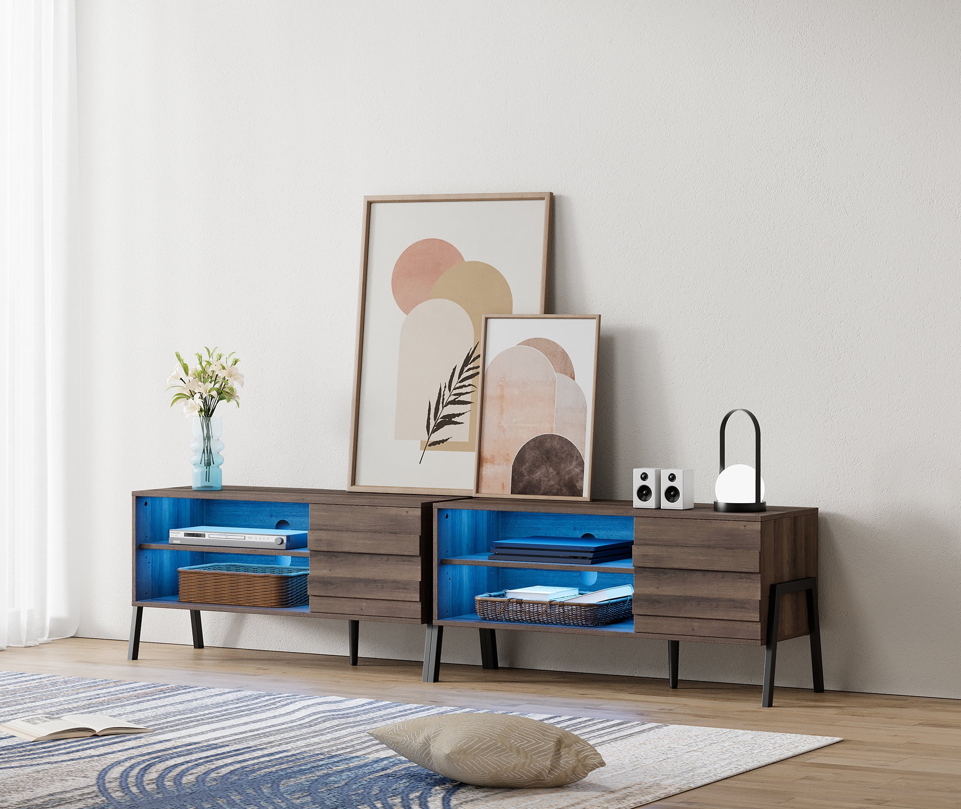 LED MidCentury TV Stand for 85 Inch TV, Modern Entertainment Center