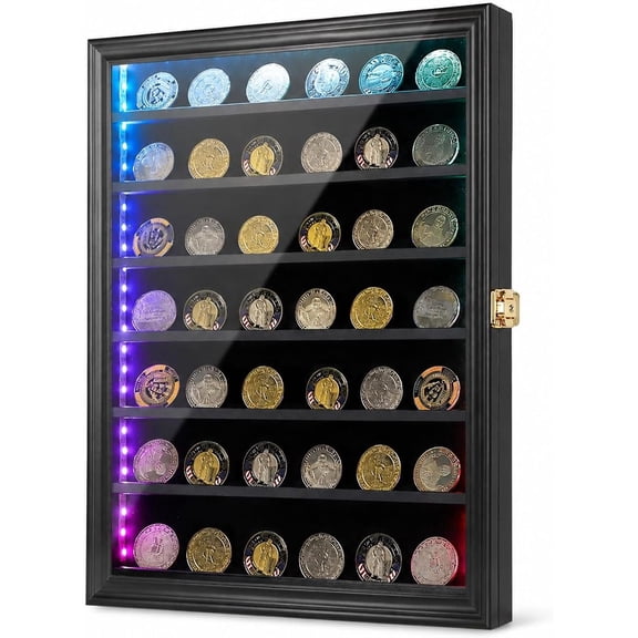 KCRasan LED Military Challenge Coin Display Case - 14x17 Poker Chips Shadow Box Wall Cabinet Compatible with Army Navy Air Force Coins - Black