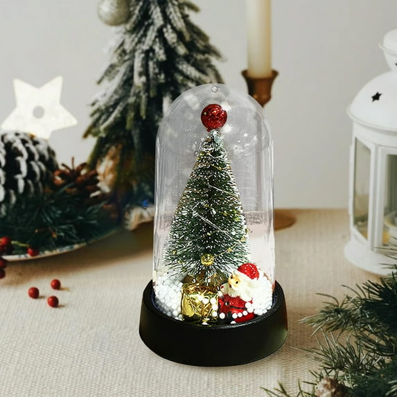 LED Mini Christmas Tree Ornament – Light-Up Desktop Decoration with Dome Cover – Luminous Holiday Display with Glitter & Moose – Tabletop Christmas Decor for Room or Office