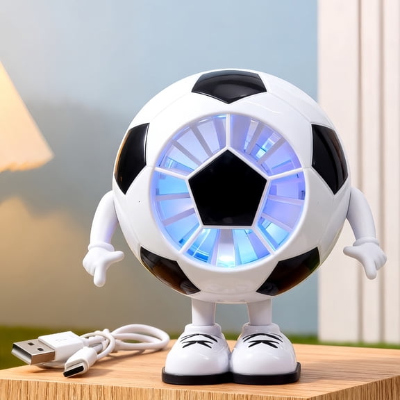 LED Mini Fan USB Rechargeable Colorful Light Football Shape Fan, 5 Speed Strong Airflow Cooling Fan for Kids Gift(White)
