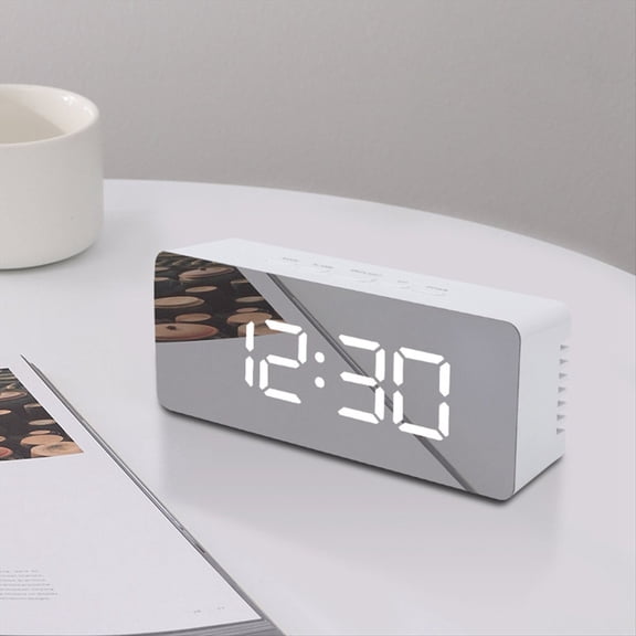 LED Mirror Digital Clock Bedroom Office Travel Electronic Table Clock Desktop Alarm Clock Temperature Function, White
