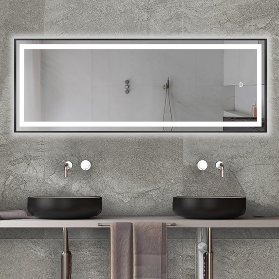 LED Mirror Full Length Mirror Wall Mounted Mirror Vanity Mirror with Lights for Bathroom/Bedroom/Living Room with Dimming Touch Switch, Waterproof (Black, 64" x 21")