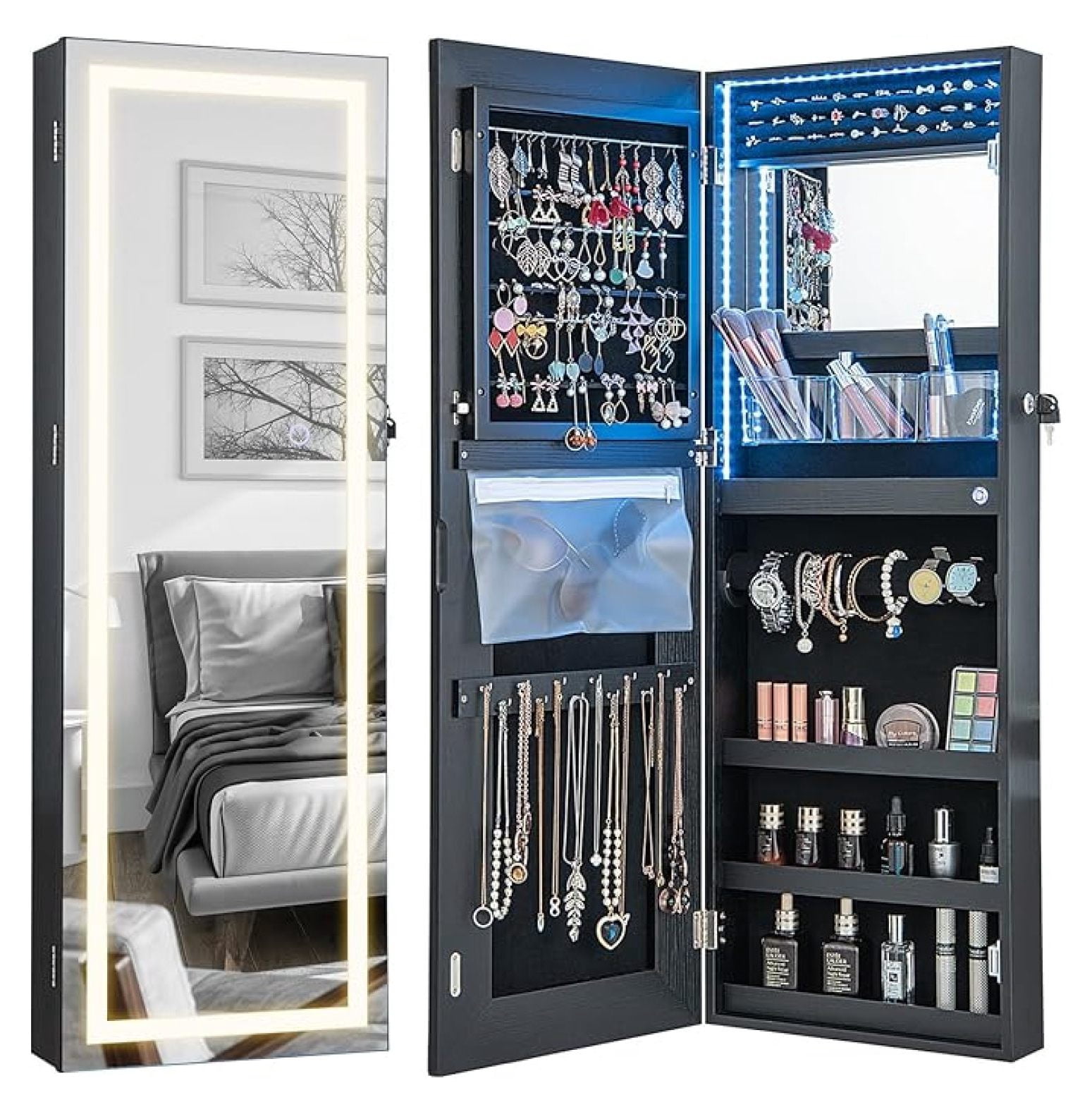 LED Mirror Jewelry Cabinet, Lockable Jewelry Armoire Full Length