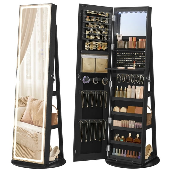 LED Mirror Jewelry Cabinet Standing Jewelry Armoire Organizer Box with Full-Length Mirror and Adjustable LED Lights Ink Black