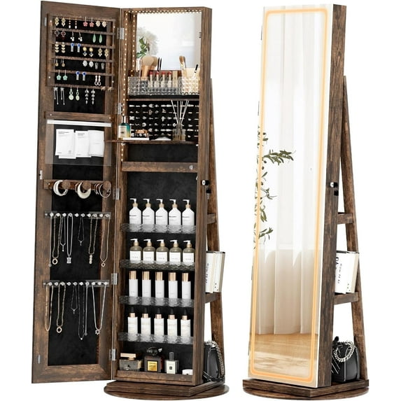 Bifanuo LED Mirror Jewelry Cabinet Standing, with Full-Length Mirror and Adjustable LED Lights, 360° Swivel Standing Jewelry Armoire Organizer (Rustic Brown)