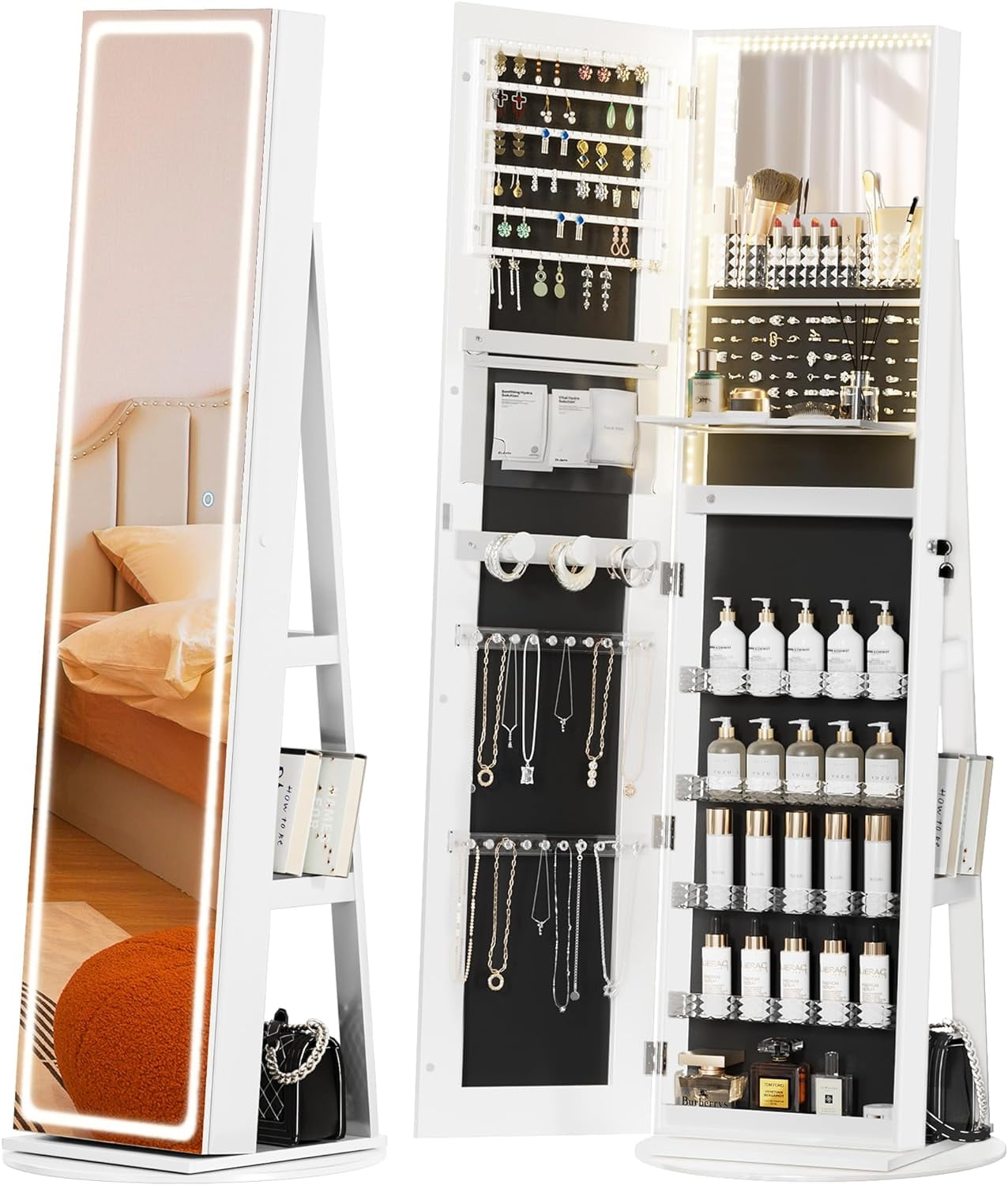Gurexl 360° Swivel Lockable Jewelry Cabinet – Full Length Mirror With RGB LED Lights – Standing Organizer