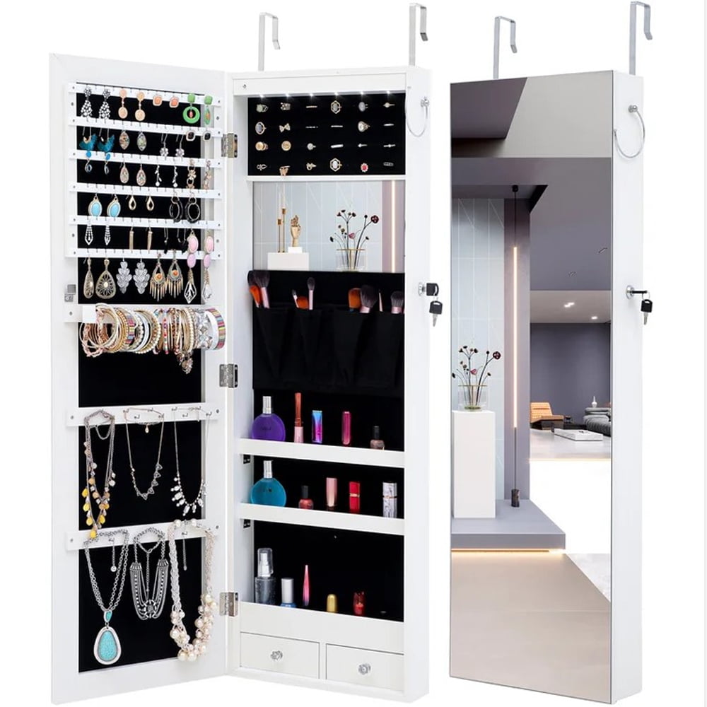 LED Mirror Jewelry Wall/Door Mounted Jewelry Armoire Organizer