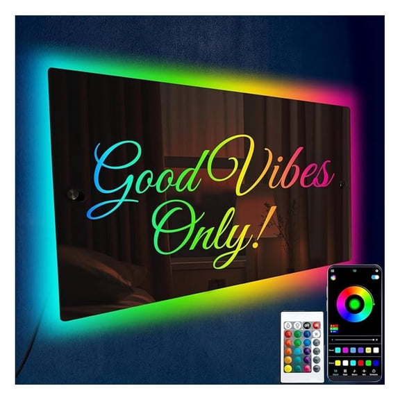 LED Mirror Sign - Good Only Neon Light Wall Decor, Handmade Acrylic Bedroom Mirror, Inspirational Quote Lighted Vanity Mirror for Teens & Girls
