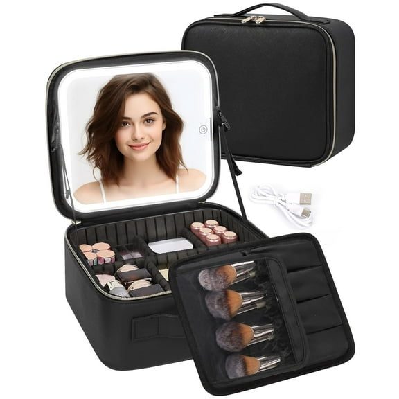LED Mirror Travel Makeup Bag with 3 Color Light, Large Cosmetic with Adjustable Dividers (Black)