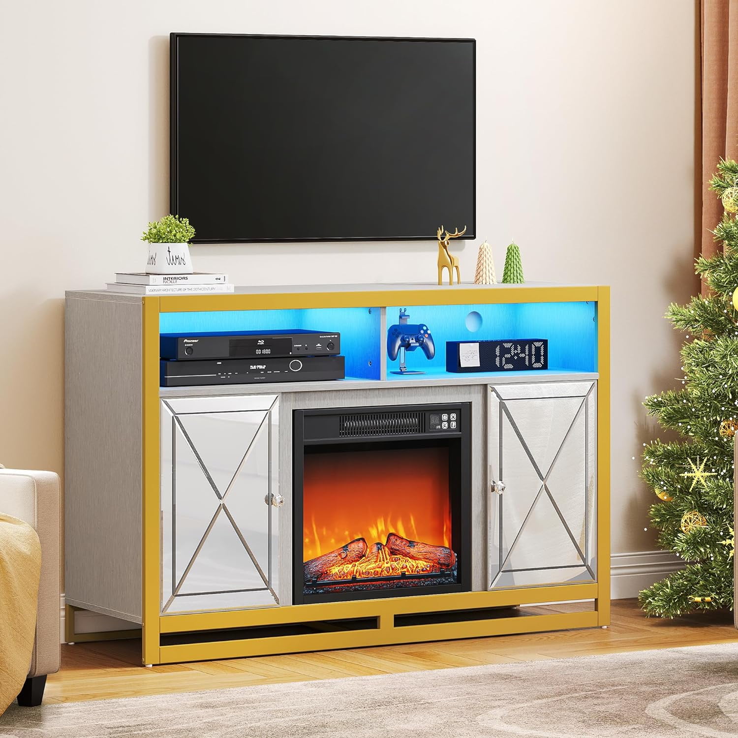 LED Mirrored Fireplace TV Stand For Up To 55 Inch TV, Entertainment