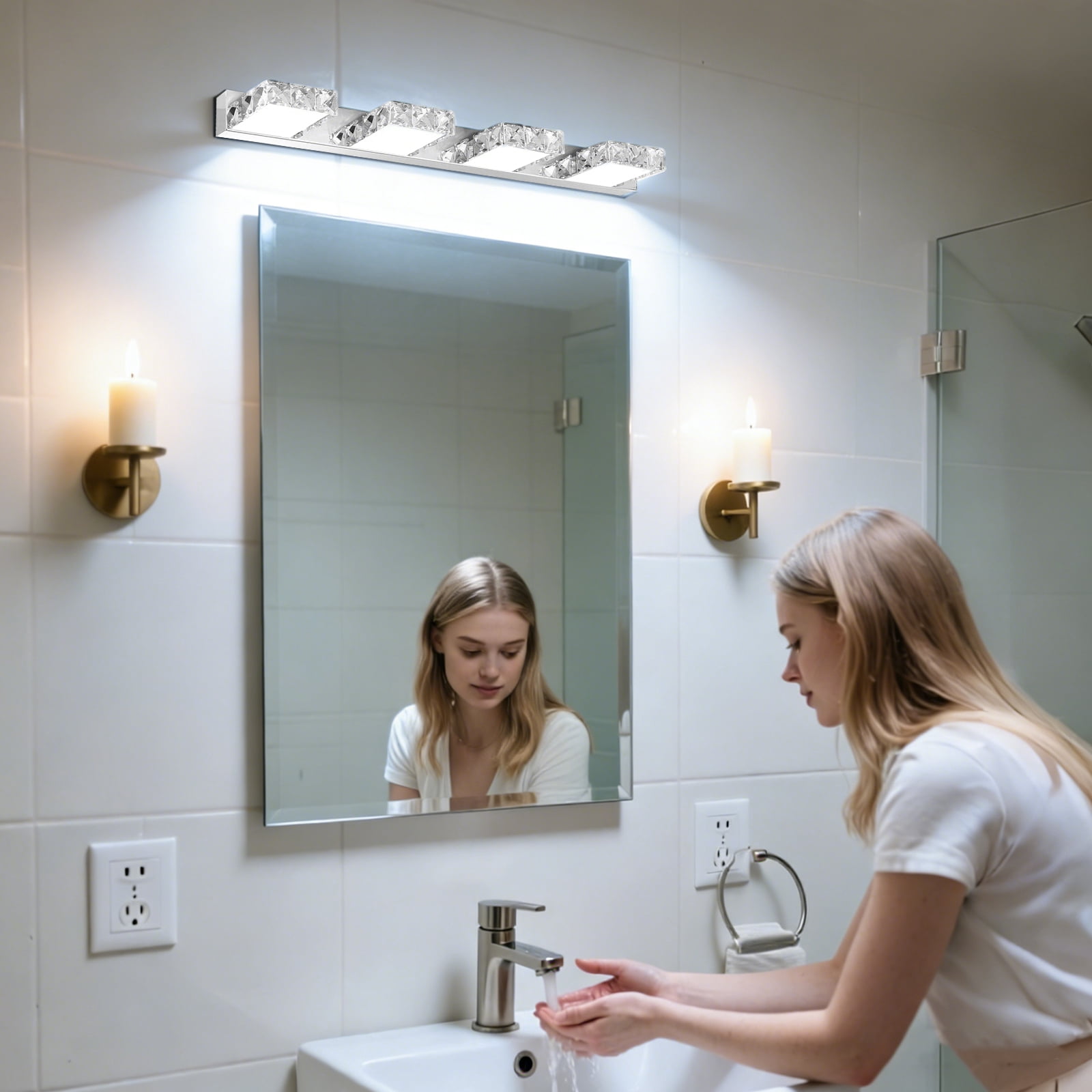 LED Modern Bathroom Vanity Lights Over Mirror Bathroom Vanity Lights Fixtures 4 Lights Crystal Stainless Steel Bath Wall Lighting Mirror Light (4 Square Lights Cold White)