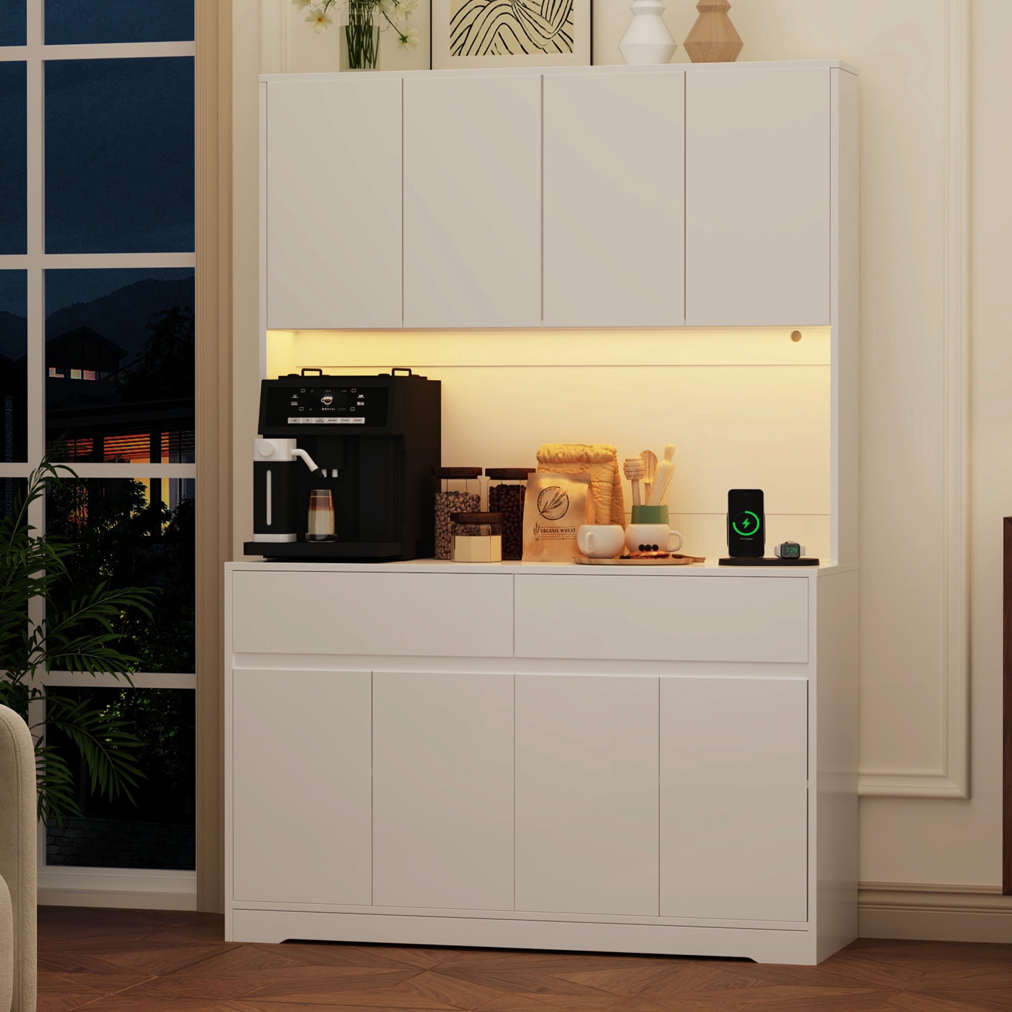 LED Modern Coffee Bar Cabinet with Charging Station, 71'' Tall Kitchen Pantry Hutch w/ 8-Door Storage Cabinets & 2 Drawers 4 Adjustable Shelves