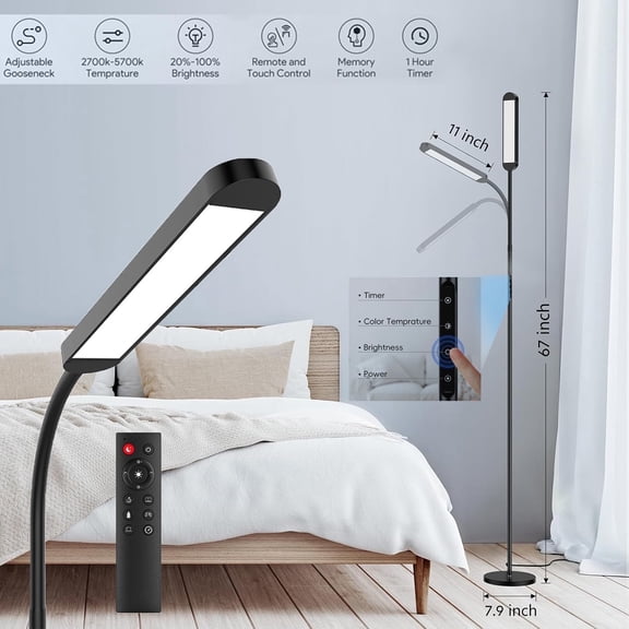 Osoeri Modern LED Floor Lamp with Remote Control 5 Color Dimmable Gooseneck Adjustable Standing Light 1H Timer Night Light for Living Room Bedroom Reading 360° Flexible Black