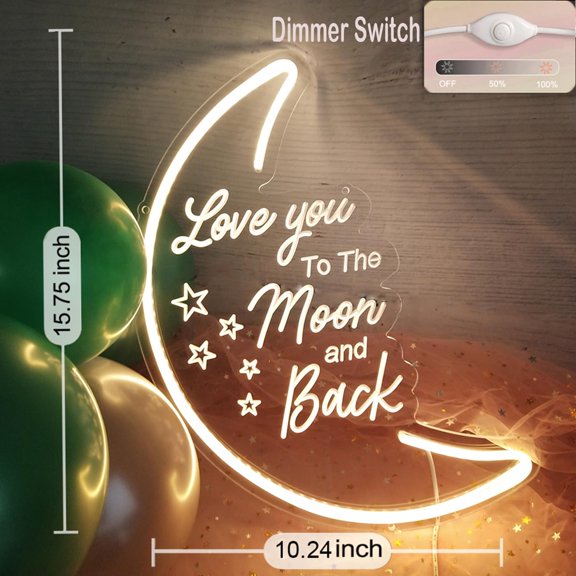 LED Moon Neon Light Sign, 15.75x10.24 Warm White Love You To the Moon And Back Neon Wall 3D Art for Party Girls Kids Bedroom Living Room,Home Decor Night Light 5V USB Powered with Dimmer Switch