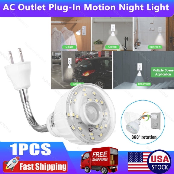 LED Motion-Activated Rotating Flexible Sensor Night Light AC Outlet Plug-in Wall