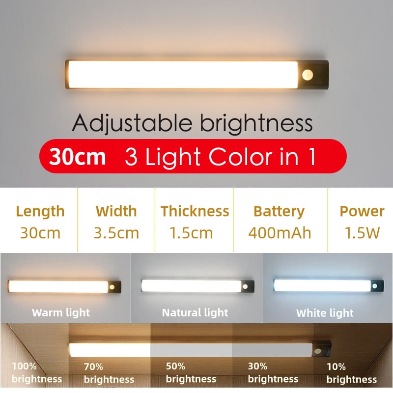 LED Motion Sensor Light, USB Rechargeable Wireless Night Lamp with Adjustable Length 10-50cm for Bedroom Kitchen Cabinet