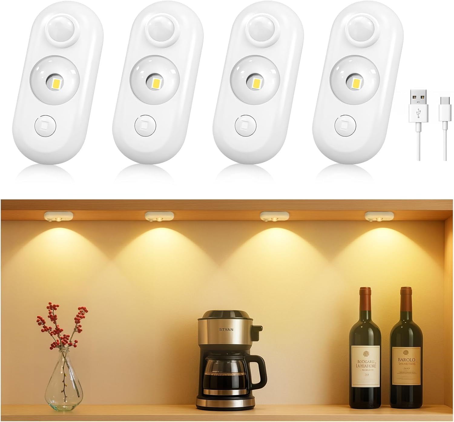 LED Motion Sensor Puck Lights, Small Rechargeable Under Cabinet Light ...