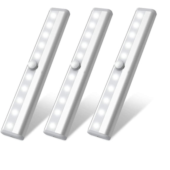 LED Motion Sensor Wardrobe Lighting, USB Rechargeable Closet Lights, Stick on Anywhere Wireless 10 LED Closet Lighting with Magnetic Strip for Closet Kitchen Stairs, Pack of 3,