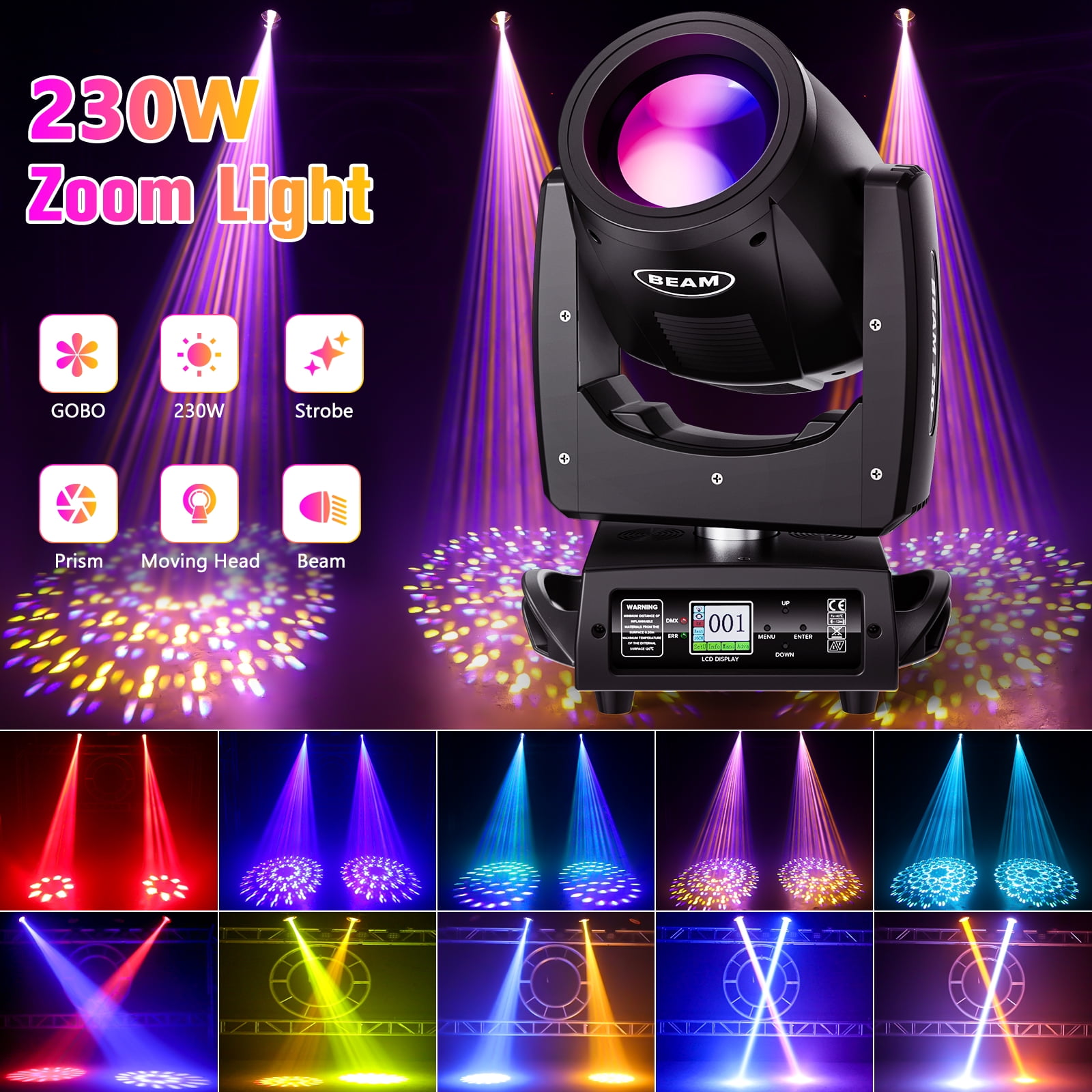 LED Moving Head Light 16 Prisms DJ Lights 15 Gobos and 14 Colors Beam