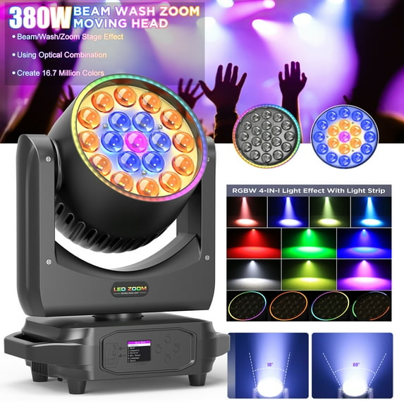 LED Moving Head Light 19x8W Beam/Wash/Zoom Effect Stage Lights, RGBW 4in1 DJ Lights with RGB LED Outer Aperture Effect for Music Party Disco Wedding