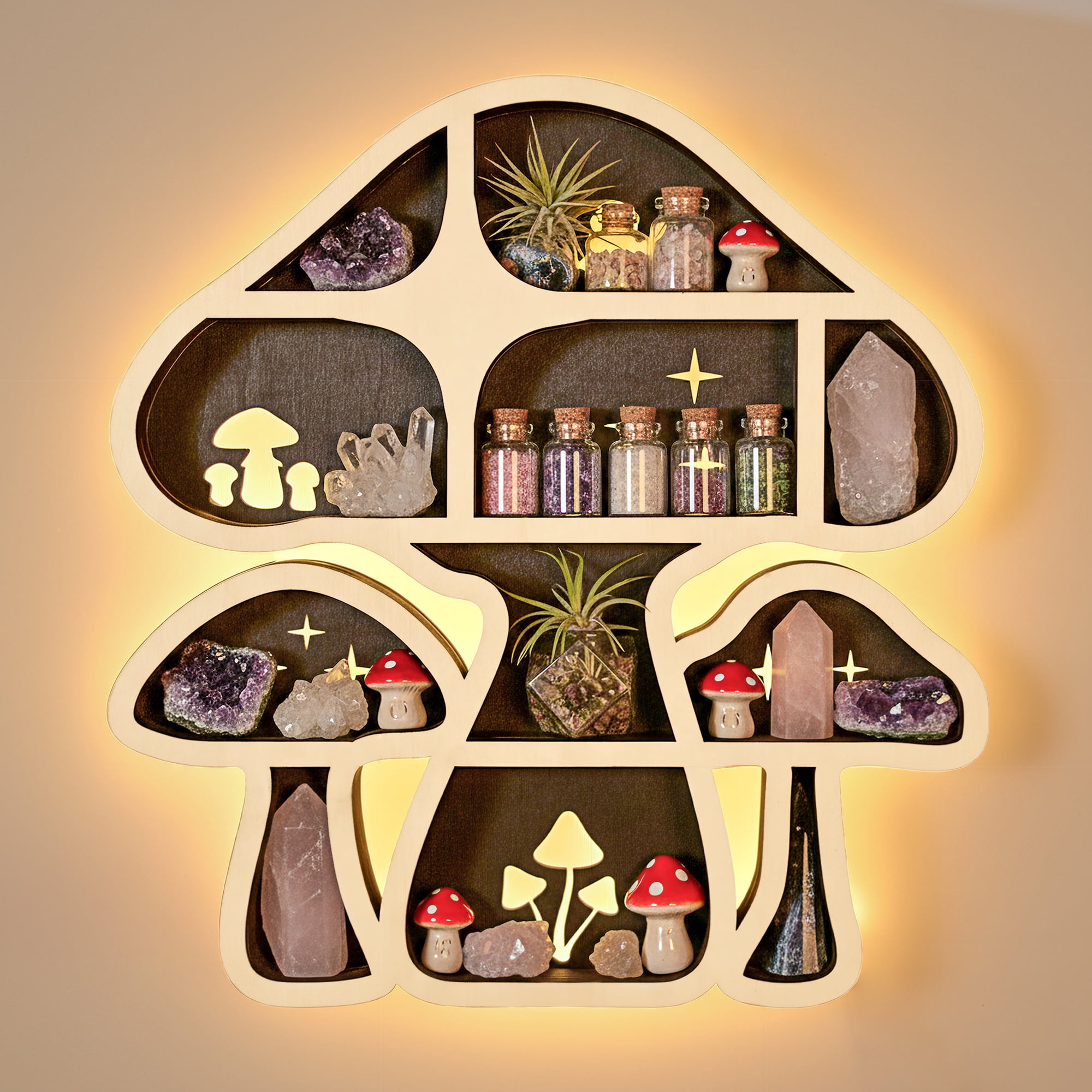 LED Mushroom Decor Cute Mushroom Floating Shelves, Crystal Shelf Display for Wall, Rock Gem Stone Storage Organizer, Trinkets Holder, Knick Knack Shelf, Mushroom Item, Unique Gift for Mushroom Lovers