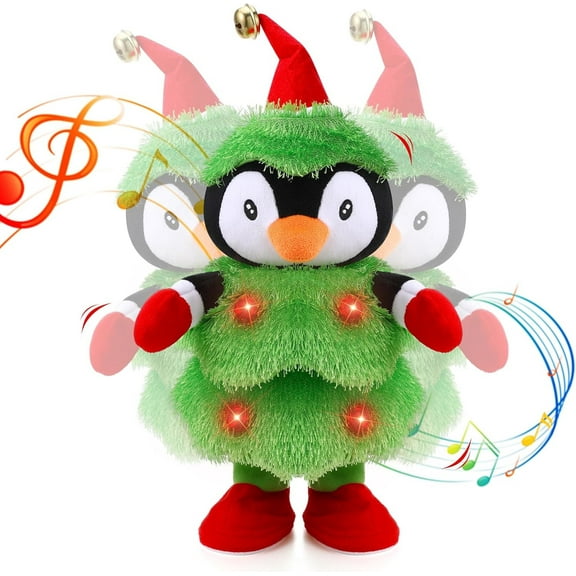 LED Musical Christmas Tree Penguin Stuffed Animal Animated Christmas Decorations Repeats What You Say Light up Soft Plush Toy Singing Dancing Talking Record Mimicking Twisting Interactive Xmas Gifts