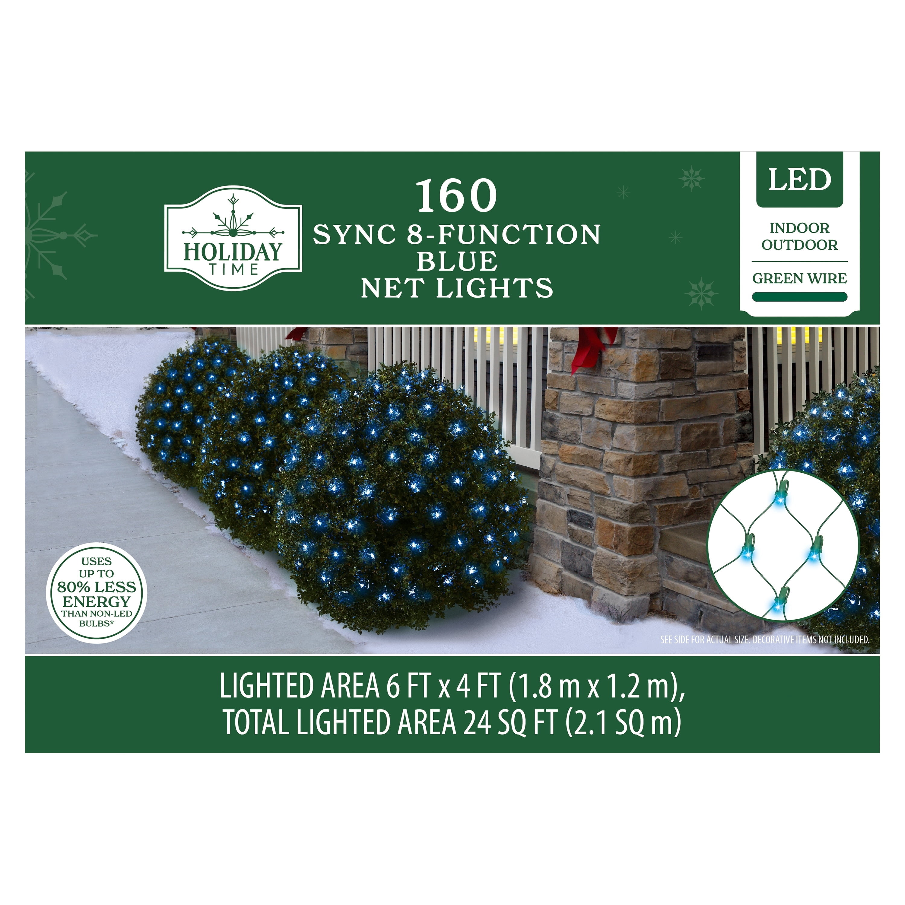 Indoor/Outdoor 160-Count LED 8-Function Sync Christmas Net Lights, Blue, Green Wire, 6' x 4', by Holiday Time