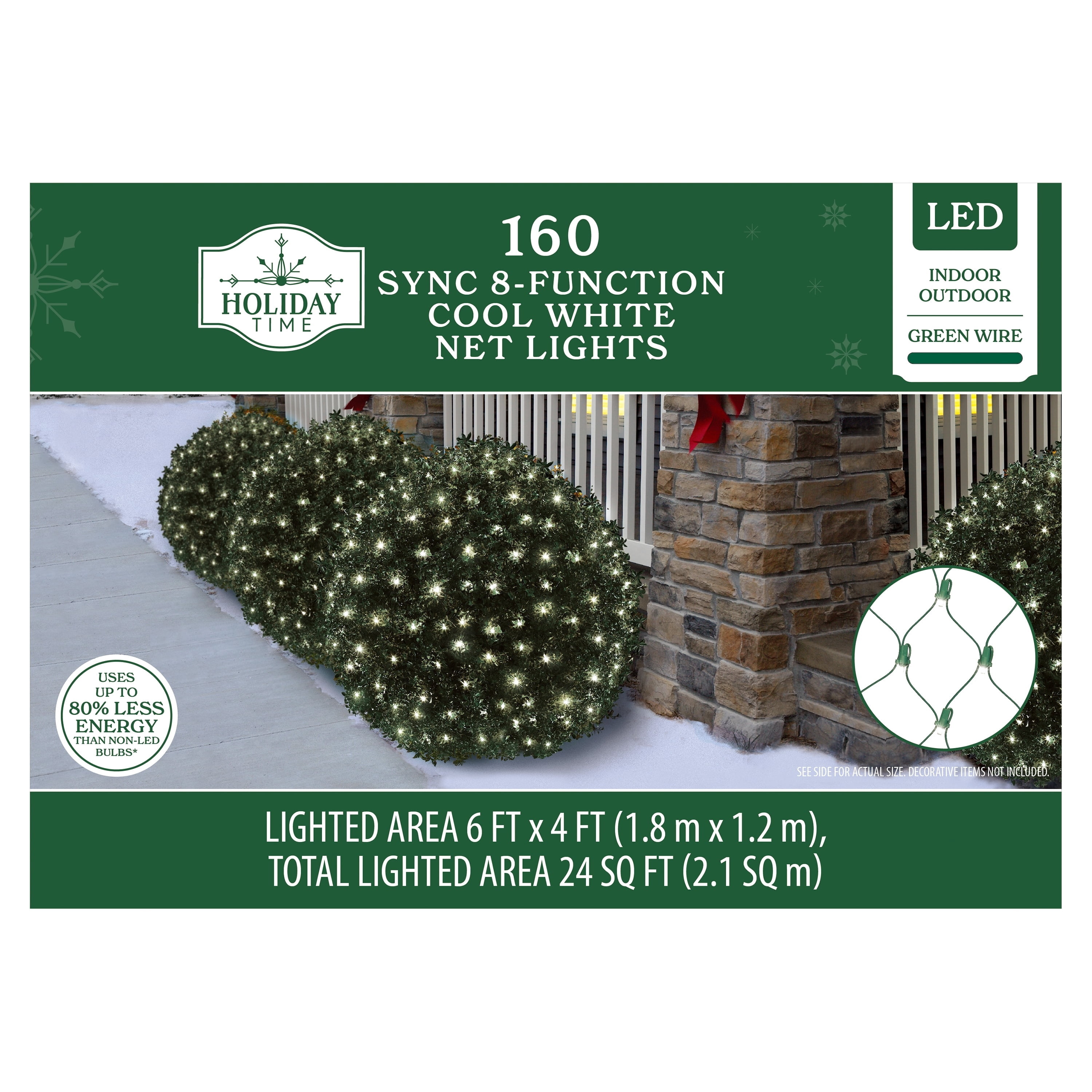 Indoor/Outdoor 160-Count LED 8-Function Sync Christmas Net Lights, Cool White, Green Wire, 6' x 4', by Holiday Time