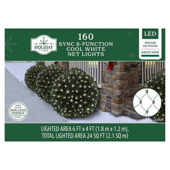 Indoor/Outdoor 160-Count LED 8-Function Sync Christmas Net Lights, Cool White, Green Wire, 6' x 4', by Holiday Time