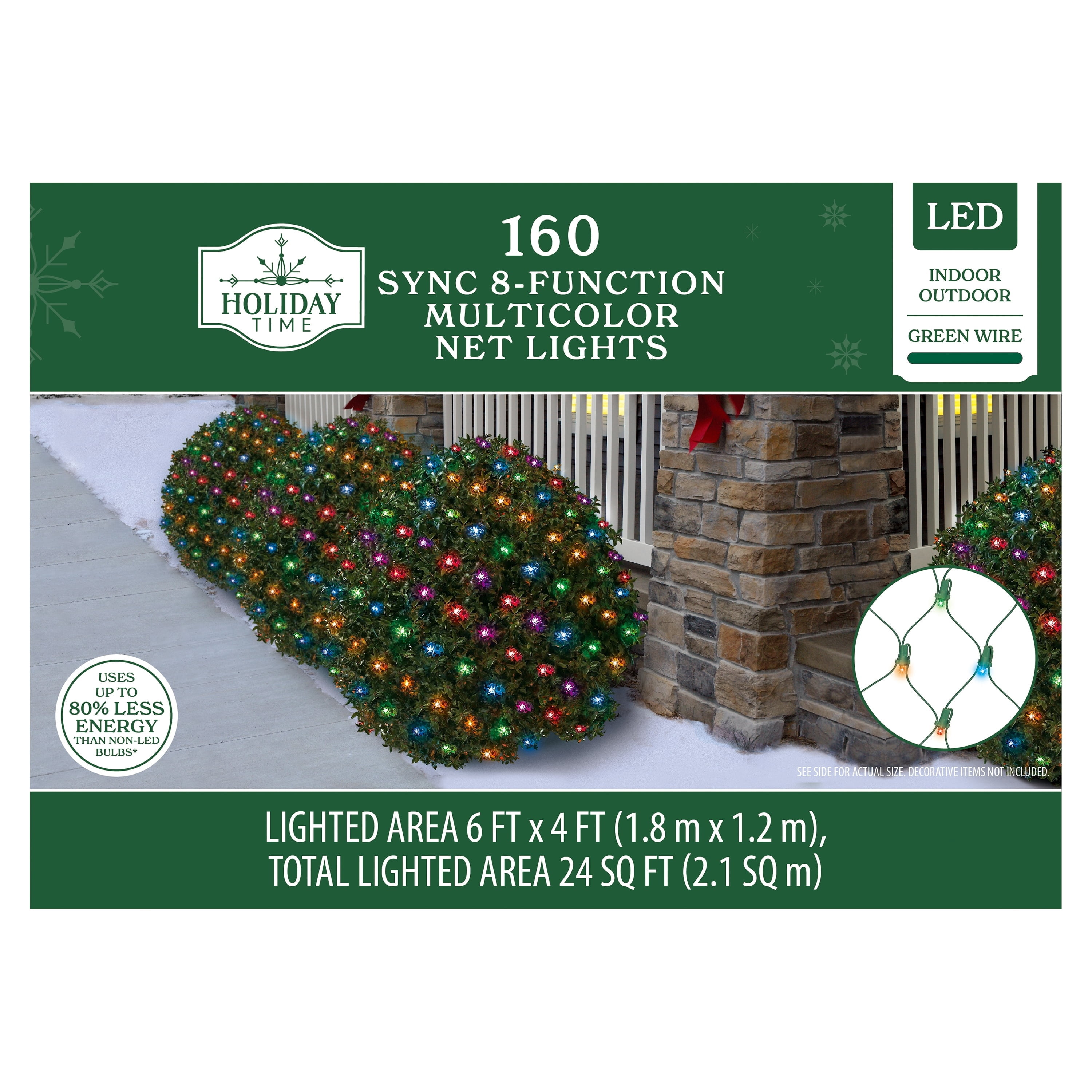 Indoor/Outdoor 160-Count LED 8-Function Sync Christmas Net Lights, Multicolor, Green Wire, 6' x 4', by Holiday Time