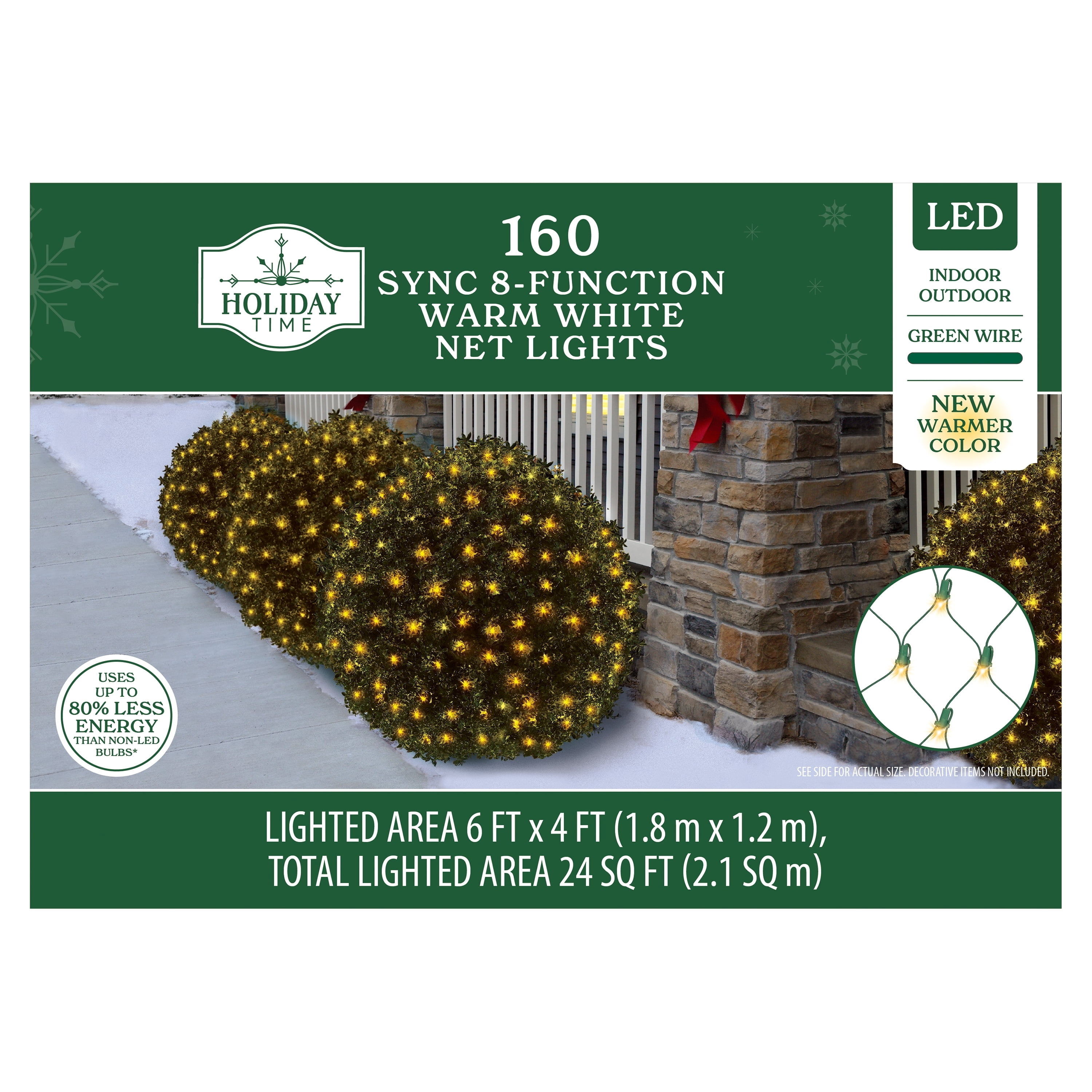 Indoor/Outdoor 160-Count LED 8-Function Sync Christmas Net Lights, Warm White, Green Wire, 6' x 4', by Holiday Time