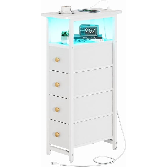 LED Narrow Nightstand with Charging Station - Slim Dresser for Bedroom Narrow Side Table Storage Cabinet, Small Dressers Chest of Drawers, Tall Night Stand End Table for Small Spaces, White
