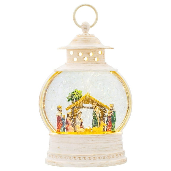 LED Nativity Lantern Rustic White 11 x 7 Acrylic Holiday Snow Globe Swirl Dome