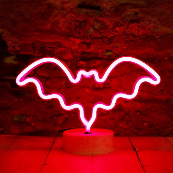 LED Neon Bat Lights Halloween Decorations, Bat Shape Neon Signs Night Lights Battery Operated Desk Table Lamp Gothic Decor for Bedroom, Bar, Wall-Bat with Holder Base(Red)