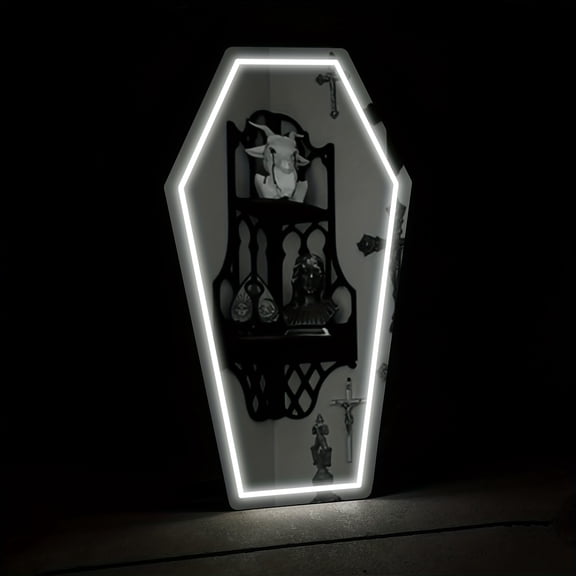 Coffin Shaped Neon LED Mirror, Gothic Halloween Acrylic Neon Mirror Light, Wall‑Mounted Spooky Goth Decor for Bedroom, Party, Home Wall Art