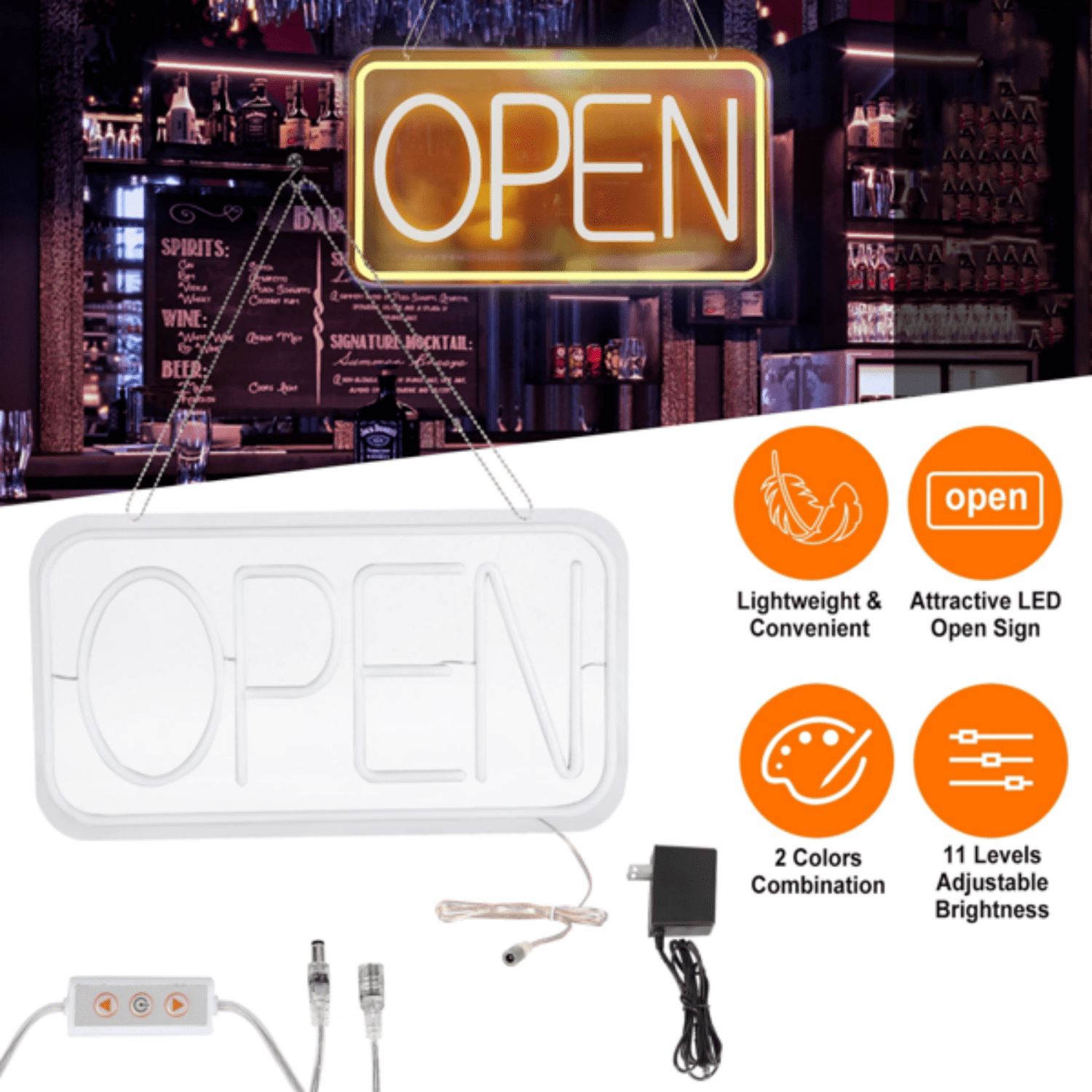 LED Neon Open Sign, Dimmable Business Store Front Light Sign with Controller & Hanging Chain, Dual‑Color Lighting for Cafe, Restaurant, Salon Indoor Use