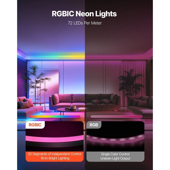LED Neon Rope Light,16.4 ft,Flexible RGB-IC LED Strip Light,Control with App/Remote,Works with Alexa&Google Assistant,Music Syncing,Custom DIY Neon Flex Lights,for Bedroom Gaming Indoor