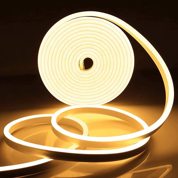 LED Neon Rope Light, Warm White 12V Silicone Neon Rope Light, 16.4Ft/5M Waterproof Flexible DIY Cuttable LED Strip Lights for Bedroom Party Festival Indoor Outdoor Decor (Power Adapter not Included)