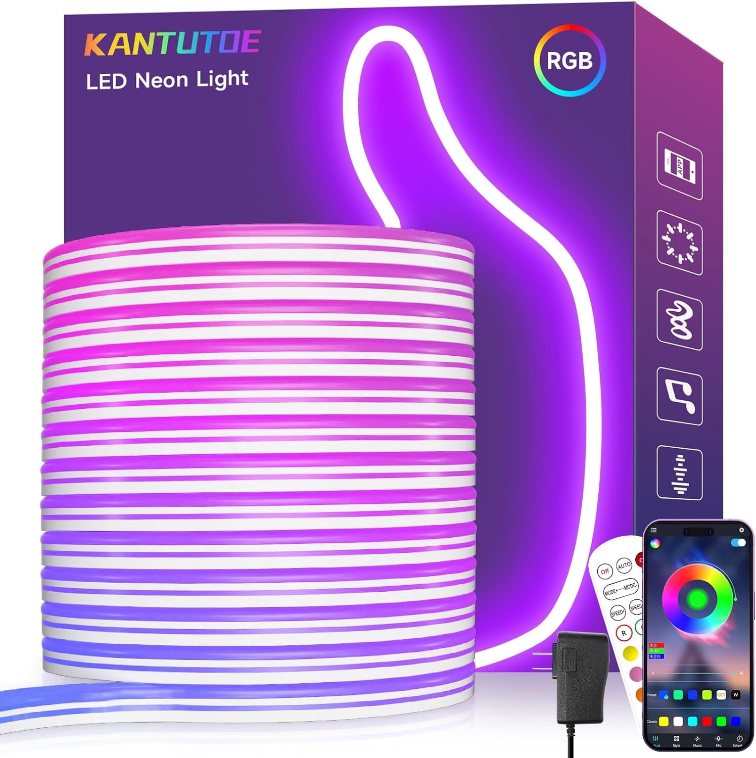 LED Neon Rope Lights, 32.8ft RGB LED Light Strip, 24V Music Sync App ...