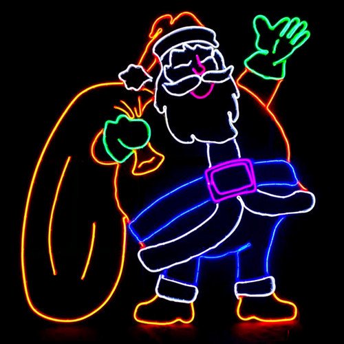 LED Neon Strip Jolly Santa Waving With Gift Bag Christmas Decoration - Lighted Sign - Multi-Color - 40 Inch