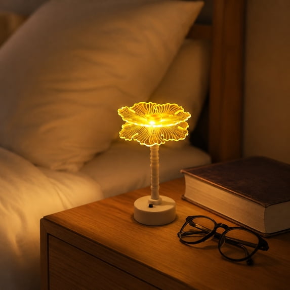 LED Night Light Acrylic Gift Ambient Light, Table Lamp Bedroom Bedside Decor Light, Warm Yellow Flower Shaped Desk Lamp Mini Portable Nightstand Lamp