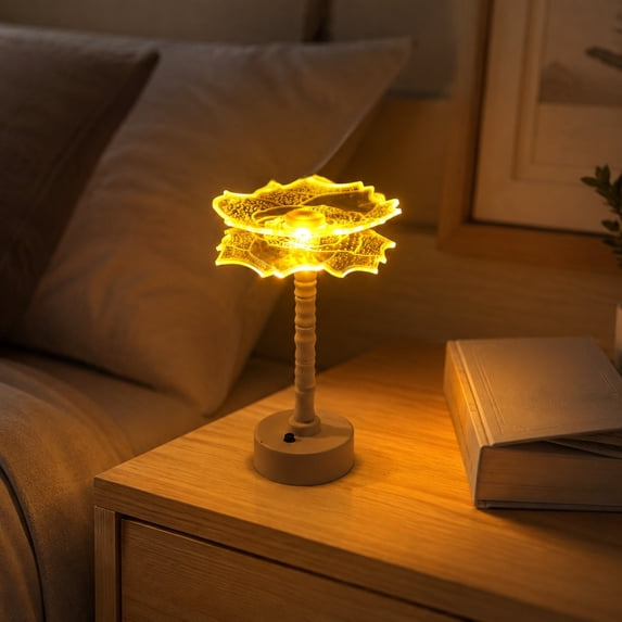 LED Night Light Acrylic Gift Ambient Light, Table Lamp Bedroom Bedside Decor Light, Warm Yellow Flower Shaped Desk Lamp Mini Portable Nightstand Lamp