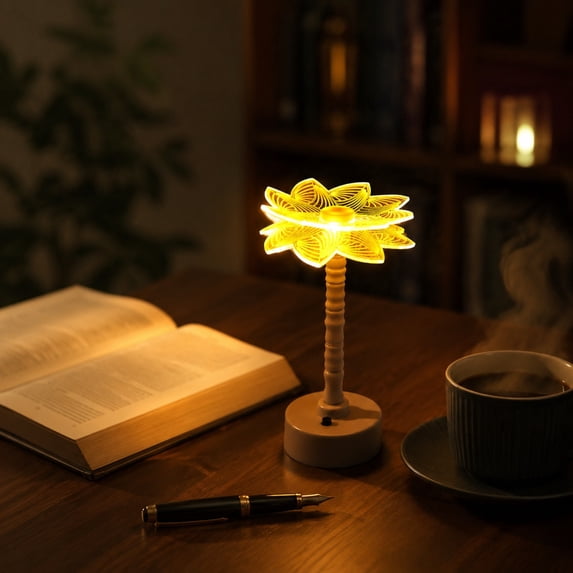 LED Night Light Acrylic Gift Ambient Light, Table Lamp Bedroom Bedside Decor Light, Warm Yellow Flower Shaped Desk Lamp Mini Portable Nightstand Lamp