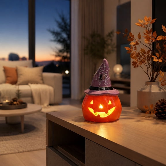 LED Night Light Candle Ceramic Pumpkin Statue, Halloween Witch Hat Illuminated Tabletop Accent for Fall Holiday Decoration