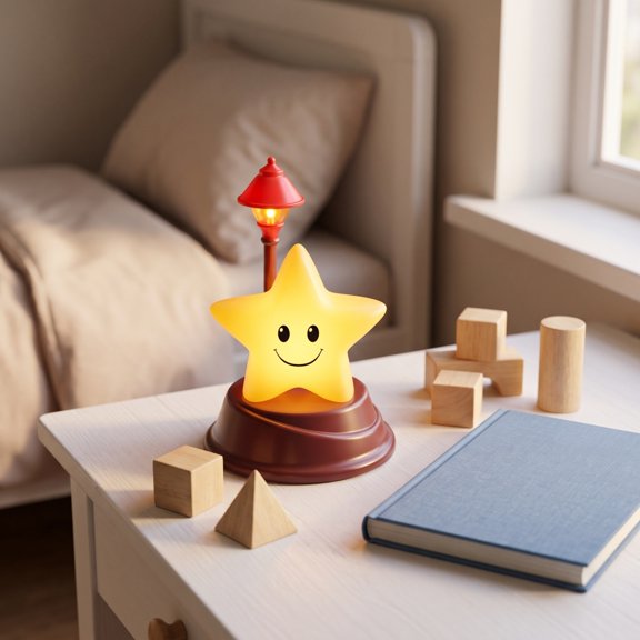 LED Night Light for K'ids and Adults, Smiling Face Star Street Lamp Shaped Bedside Ambient Lamp, Plastic Battery-Operated Decorative LED Light for Bedroom and Living Room