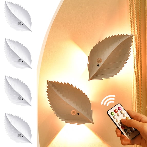 LED Night Light Leaf Shape | Motion Sensor | Magnetic Self- | Wireless Wall Lamp | Remote Control | Dimmable 3 Modes | Bedroom Ambient Lighting | White 6.3x3.6 in